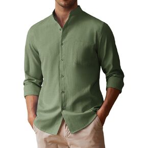 COOFANDY Men's Long Sleeve Linen Shirt Band Collar Button Down Shirts Oxford Dress Shirt