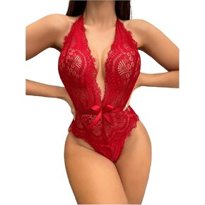 OYOANGLE Women's Floral Lace Deep V Neck Tie Backless Halter Teddy Bodysuit Scallop Trim One Piece Babydoll