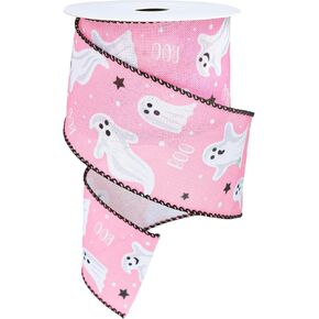 Whaline Halloween Wired Edge Ribbon 2.5 Inch Pink Ghost Ribbon Spooky Gift Wrapping Ribbon for Bow Wreath Craft Party Decor, 10 Yards