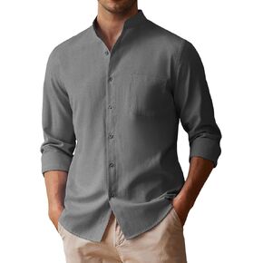 COOFANDY Men's Long Sleeve Linen Shirt Band Collar Button Down Shirts Oxford Dress Shirt