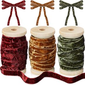 Chuangdi 3 Rolls Crushed Velvet Ribbon 3/8" x 15 Yards with Wooden Spool Luxury Vintage Velvet Ribbon DIY Christmas Tree Wreath Decoration Gift Wrapping Bows(Burgundy, Moss Green, Burnt Orange)