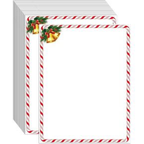 100 PCS Candy Cane Holly Bell Holiday Letterhead Christmas Border Computer Paper Stationery paper for Note Letters to Santa Holiday Printer Paper Invitations Office School 8.5 x 11 In