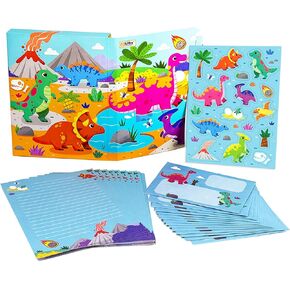 Volcano Dinosaur On The Beach Design Writing Kit Stationery Paper And Envelopes For Kids, Girls And Boys Stationery Paper,30 Sheets Writing Paper and 20 Blue Envelopes Set for Boys,8.3 x 5.9
