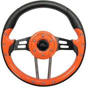 Red Hawk ACC-SW125 Steering Wheel Compatible With/Replacement For E-Z-Go, Club Car and Yamaha, Aviator 4 Style, Orange Grip with Black Spokes Golf Carts