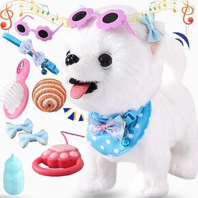 Samoyed Walking Dog Toy for Kid Girl Puppy Toy Dog Licking Barking Dog with Leash, Electric Talking Singing Tail Wag Plush Robot Dog DIY Pretend Dress Up Interactive Dog