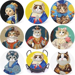 Puraikcmi 8PCs Diamond Paintings Coasters Kits Set, Cat Diamond Art Coasters with Holder, Crafts DIY Funny Coasters, Diamond Art Kits Adult Craft Diamond Dots Gift