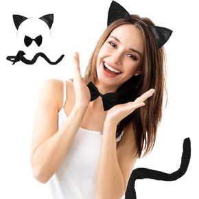 3 Pieces Glitter Black Cat Ears - Includes Cat Ear Headband, Bow Tie, and Tail for Halloween Costume Accessories Dress-up Suit for Cosplay and Parties