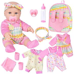 12" Girls Baby Doll with Take Along Backpack Carrier,12 inch Newborn Infant Baby Dolls with Clothes and Accessories Pink Hanky Bottle and Nipple Toy Stuffs Gift for Baby Toddler Age 3+