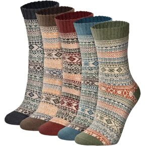 5 Pairs Womens Vintage Winter Wool Socks Cozy Soft Warm Thick Multicolor Knit Crew Socks Free Size Christmas Gifts