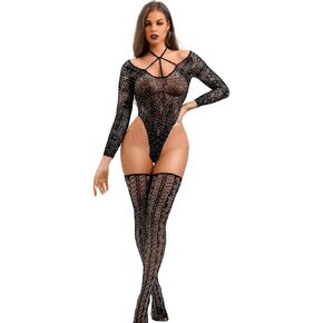 Halloween Lingerie For Women, Halter Top Stockings 2Pc Sexy Costumes Goth Outfit, Sparkly Rhinestone Fishnet Bodysuit