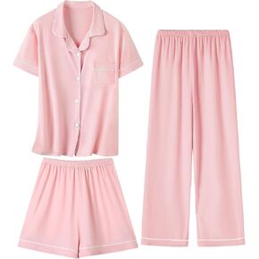 Umeyda Girls Pajamas Set Soft Short Sleeve Button-Down Sleepwea Nightwear 3Pjs Set Loungewear, 5-14 Years