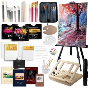 All-in-One French Easel Painting Set | 163-Piece Deluxe Artist Starter Kit w/Wooden Field & Studio Sketch Box Easel for Adult, 100+ Professional Paints, Stretched & Panel Canvases, Brushes, Palettes