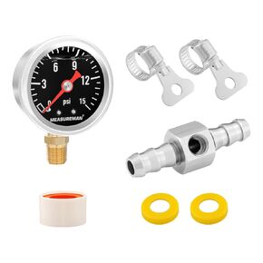 MEASUREMAN 0-15 Psi Glycerin Filled Fuel Pressure Gauge, 1.5" Dial, 304 Stainless Steel Case, 1/8" NPT Lower Mount, with 3/8" Fuel Line Adapter, Copper Tube & Fittings, Red Aluminum Pointer