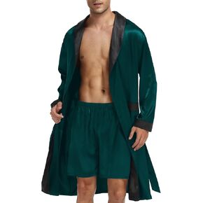 LecGee Men’s Satin Robe Long Sleeve Silk Kimono Bathrobe with Shorts Set Lightweight Sleepwear