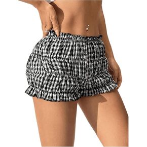 Women's Plaid Shorts Low Rise Checkered Bloomer Shorts Y2k Mini Ruffle Shorts Micro Boxer Shorts