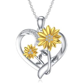 ZBA Natural Diamond Sunflower Necklace for Women,18K Gold Plated Sterling Silver Sunflower Heart Pendant You Are My Sunshine Sunflower Gifts Mothers Day Birthday Gifts for Mom Daughter Wife