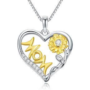 LONAGO Sunflower Heart Mom Necklace Silver Mom Heart Pendant Necklace Gift for Women