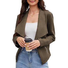 KOJOOIN Women's Fashion Faux Suede Jackets 2024 Clothes Lapel Long Sleeve Open Front Outerwear Cropped Coats