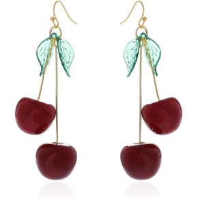 Cute Red Cherry Earrings for Women Teen Girls 18k Gold Plated Sweet Cherry Dangle Drop Earrings Green Leaf Cherry Dangling Earrings Birthday Christmas Halloween Jewelry Gifts