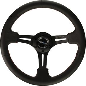 NRG Innovations NRG-RST-018R-RS Reinforced Steering Wheel 350mm Sport Steering Wheel (3" Deep) Black Leather with Red Stitching, Slit Spoke Design over Circular Cut-Outs