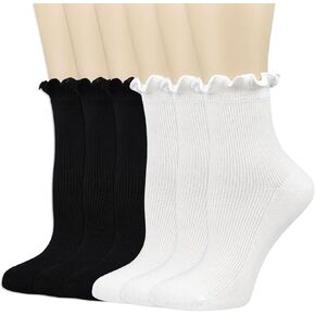Mcool Mary Womens Crew Socks Ruffle White Casual Cotton Frilly Breathable Cute Knit Lettuce Trim Ankle Socks 6 Pack
