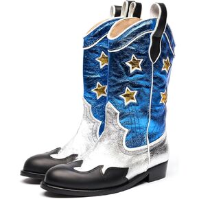 Kids Mid-calf Cowboy Boots Unisex Metallic Western Cowgirl Booties Splicing Riding Round Toe Pull on Long Boots for Boys/Girls