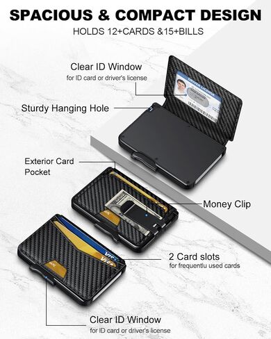 Wallet for Men, Minimalist Slim Wallet for 9-12 Cards, Mens Wallet RFID Blocking, Smart Pop Up Card Wallet with Money Clip & ID Window, Compact Bifold Wallet Metal Aluminum Credit Card Holder in Kuwait