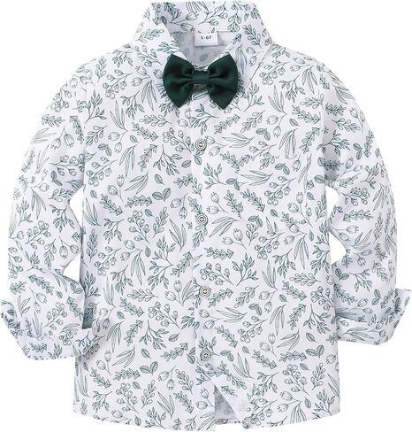 YALLET Boys Long Sleeve Shirts Button Down Print Dress Wedding Outfits Formal Casual Clothes with Bow Tie 5-10T in Saudi Arabia