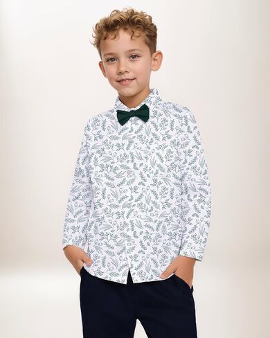 YALLET Boys Long Sleeve Shirts Button Down Print Dress Wedding Outfits Formal Casual Clothes with Bow Tie 5-10T in Saudi Arabia