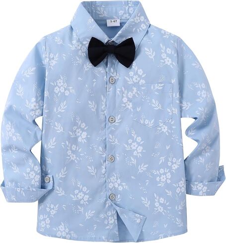 YALLET Boys Long Sleeve Shirts Button Down Print Dress Wedding Outfits Formal Casual Clothes with Bow Tie 5-10T in Saudi Arabia