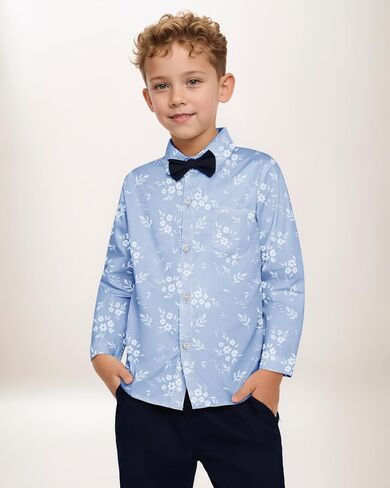 YALLET Boys Long Sleeve Shirts Button Down Print Dress Wedding Outfits Formal Casual Clothes with Bow Tie 5-10T in Saudi Arabia