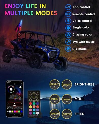 ضوء سوط بطول 6 أقدام مع قاعدة زنبركية، ضوء سوط LED مع تطبيق وجهاز تحكم عن بعد، سوط مضاء للمطاردة الحلزونية 360 درجة مع مفتاح هزاز، سوط LED لـ UTV، ATV، SXS، Polaris RZR، Can-am in Kuwait