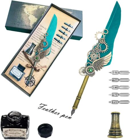قلم الريشة KYLLOG، قلم الريشة ذو الجناح الميكانيكي، مجموعة أقلام الخط اليدوية المصنوعة يدويًا من الريشة، 5 سناب بديلة، قاعدة حامل القلم، قلم توقيع الريشة العتيق (أخضر) in Kuwait
