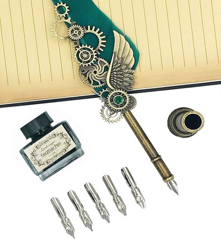 قلم الريشة KYLLOG، قلم الريشة ذو الجناح الميكانيكي، مجموعة أقلام الخط اليدوية المصنوعة يدويًا من الريشة، 5 سناب بديلة، قاعدة حامل القلم، قلم توقيع الريشة العتيق (أخضر) in Kuwait