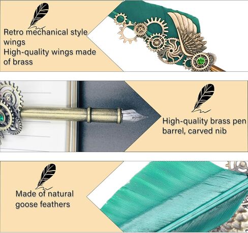 قلم الريشة KYLLOG، قلم الريشة ذو الجناح الميكانيكي، مجموعة أقلام الخط اليدوية المصنوعة يدويًا من الريشة، 5 سناب بديلة، قاعدة حامل القلم، قلم توقيع الريشة العتيق (أخضر) in Kuwait