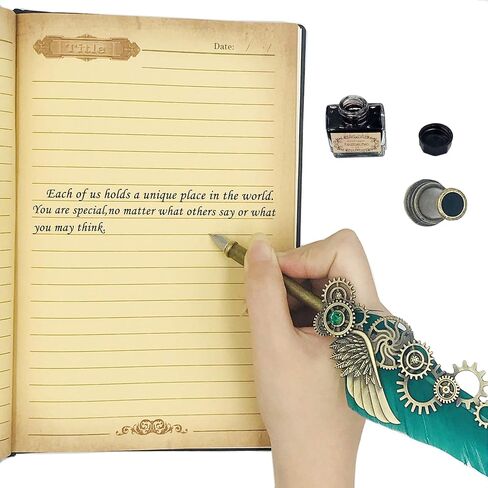 قلم الريشة KYLLOG، قلم الريشة ذو الجناح الميكانيكي، مجموعة أقلام الخط اليدوية المصنوعة يدويًا من الريشة، 5 سناب بديلة، قاعدة حامل القلم، قلم توقيع الريشة العتيق (أخضر) in Kuwait