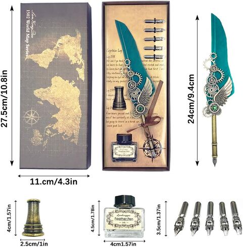 قلم الريشة KYLLOG، قلم الريشة ذو الجناح الميكانيكي، مجموعة أقلام الخط اليدوية المصنوعة يدويًا من الريشة، 5 سناب بديلة، قاعدة حامل القلم، قلم توقيع الريشة العتيق (أخضر) in Kuwait