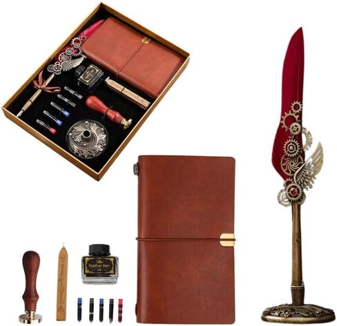 Vintage Mechanical Feather Pen Ink Set with Notebook, Pen Stand, Wax Seal Stamp, and Wax Gift Box - Classic European Style Calligraphy Pen Kit for Art Lovers and Unique Gift Options (Red) in Saudi Arabia