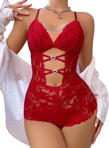 SHENHE Women's Sexy Lingerie One Piece Teddy Bodysuit Lace Criss Cross Mesh Babydoll Lingerie in Saudi Arabia