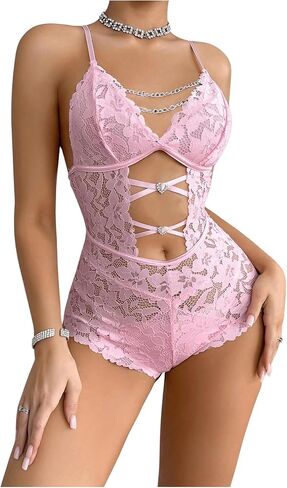 SHENHE Women's Sexy Lingerie One Piece Teddy Bodysuit Lace Criss Cross Mesh Babydoll Lingerie in Saudi Arabia
