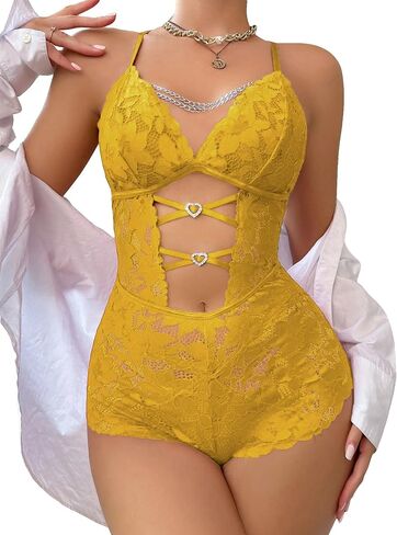 SHENHE Women's Sexy Lingerie One Piece Teddy Bodysuit Lace Criss Cross Mesh Babydoll Lingerie in Saudi Arabia