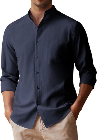 COOFANDY Men's Long Sleeve Linen Shirt Band Collar Button Down Shirts Oxford Dress Shirt in Saudi Arabia