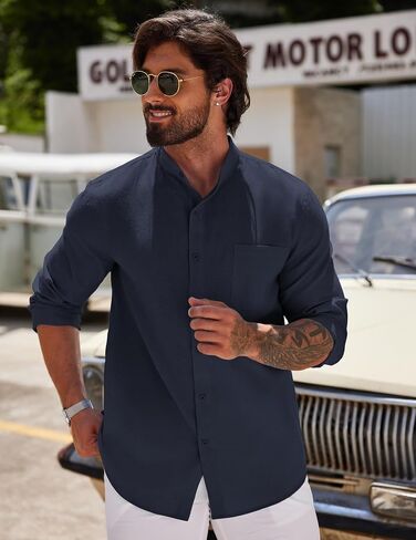 COOFANDY Men's Long Sleeve Linen Shirt Band Collar Button Down Shirts Oxford Dress Shirt in Saudi Arabia