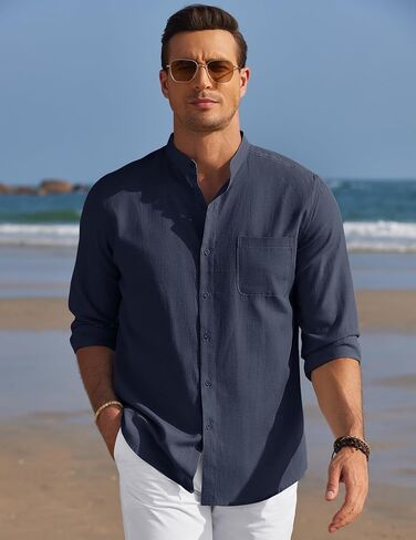 COOFANDY Men's Long Sleeve Linen Shirt Band Collar Button Down Shirts Oxford Dress Shirt in Saudi Arabia