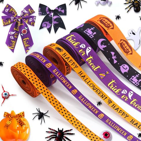 6 Rolls Halloween Grosgrain Ribbons for Wrapping Gifts, Happy Halloween Orange Ribbons for Decoration DIY Party, 0.4"/0.9" X 5 Yards Pumpkin Ghost Black Ribbon for Gift Wrapping Fall Crafts Supplies in Saudi Arabia