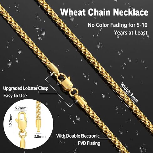 Jewlpire Italian Silver Wheat Chain/14k Gold Chain Necklace for Men, 2.5mm 3mm Chains for Men, Stainless Steel Necklace Chains for Men and Women, Mens Chain Necklace 16 18 20 22 24 26 Inch in Saudi Arabia