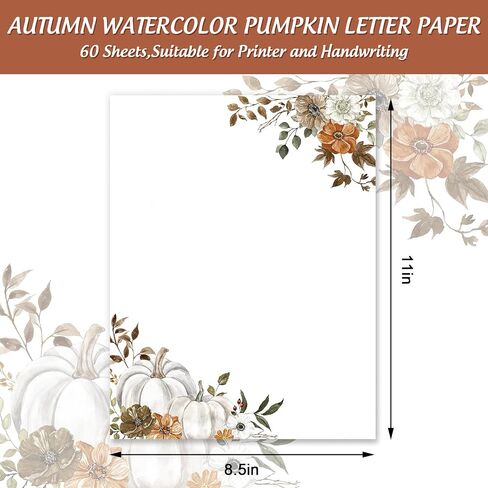 AnyDesign 60 Sheets Fall Stationery Letterhead Paper Watercolor Pumpkin Pattern Writing Letter Paper Autumn Note Greeting Paper for Thanksgiving Party Invitation Printing, 8.5 x 11 Inch in Saudi Arabia