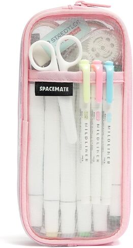 Pencil Case Pouch Bag School Supplies for Girls and Boys, Clear Mesh Aesthetic Pen Case, Large Big Capacity Zipper Stationery Bag for Women Men Adults, Pink, 1000ml in Saudi Arabia