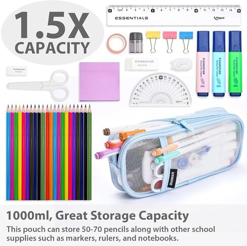 Pencil Case Pouch Bag School Supplies for Girls and Boys, Clear Mesh Aesthetic Pen Case, Large Big Capacity Zipper Stationery Bag for Women Men Adults, Pink, 1000ml in Saudi Arabia