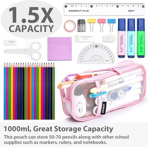 Pencil Case Pouch Bag School Supplies for Girls and Boys, Clear Mesh Aesthetic Pen Case, Large Big Capacity Zipper Stationery Bag for Women Men Adults, Pink, 1000ml in Saudi Arabia